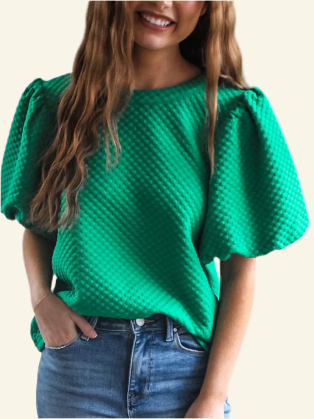 Texture Round Neck Puff Sleeve Blouse