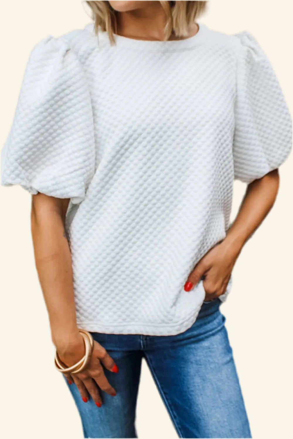 Textured Round Neck Puff Sleeve Blouse
