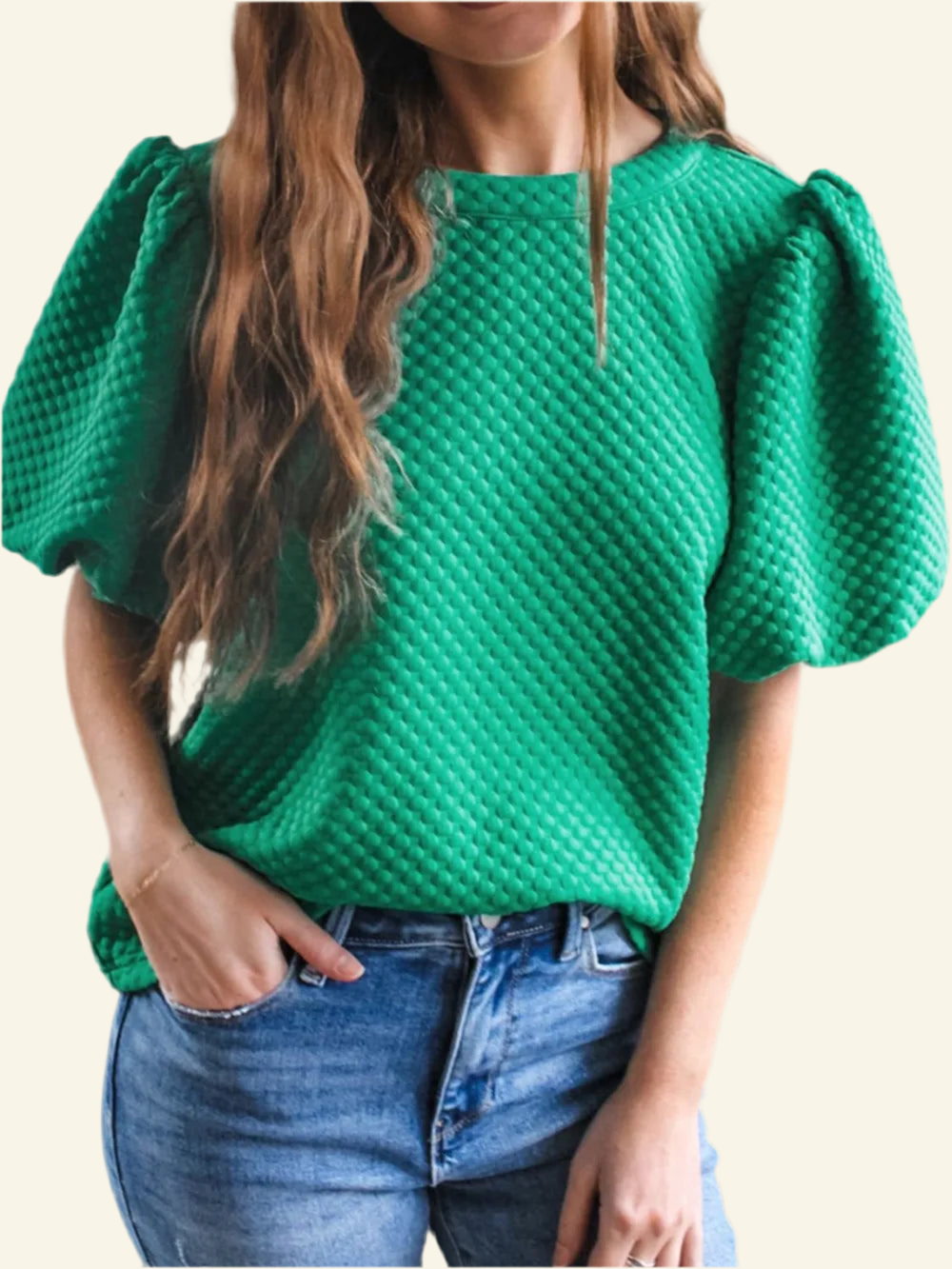 Texture Round Neck Puff Sleeve Blouse