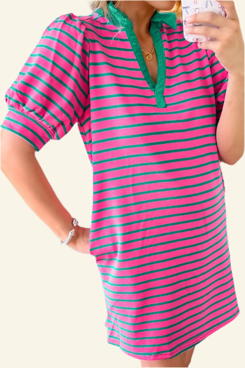 Oh Striped Johnny Collar Puff Sleeve Mini Tee Dress