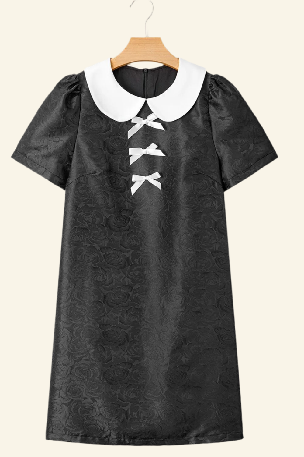 Floral Embossed Puff Sleeve Colorblock Bow Collared Mini Dress