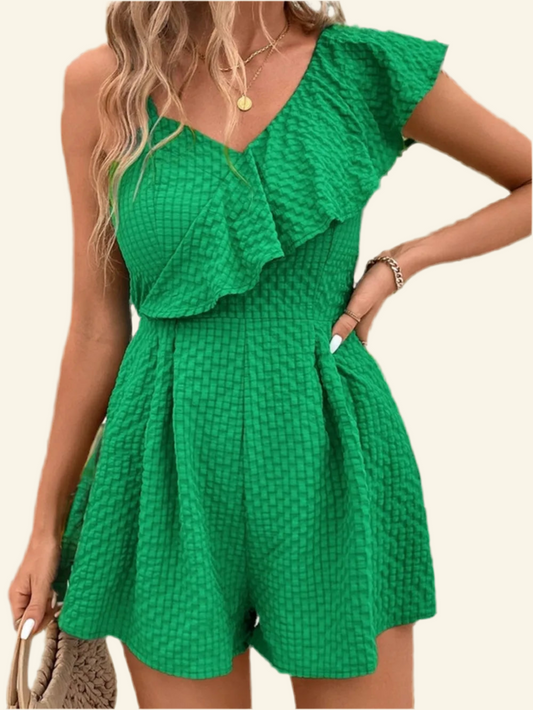 Smocked Back Asymmetrical Ruffled Romper