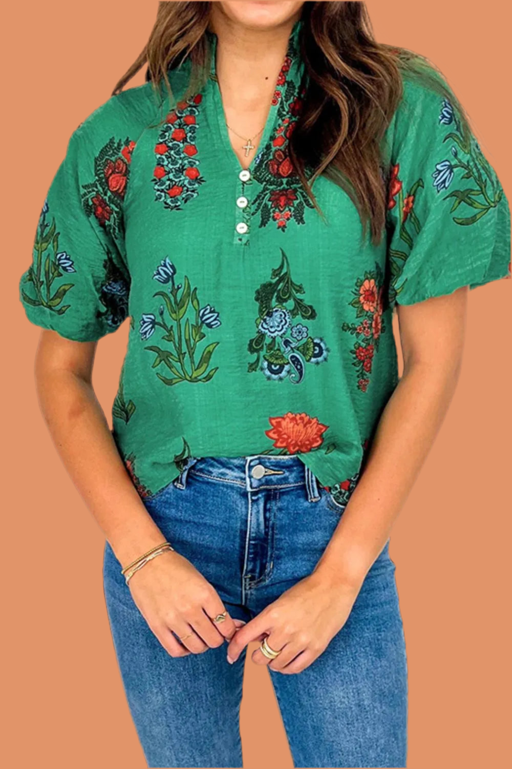 Floral Print Notched Short Sleeve Blouse