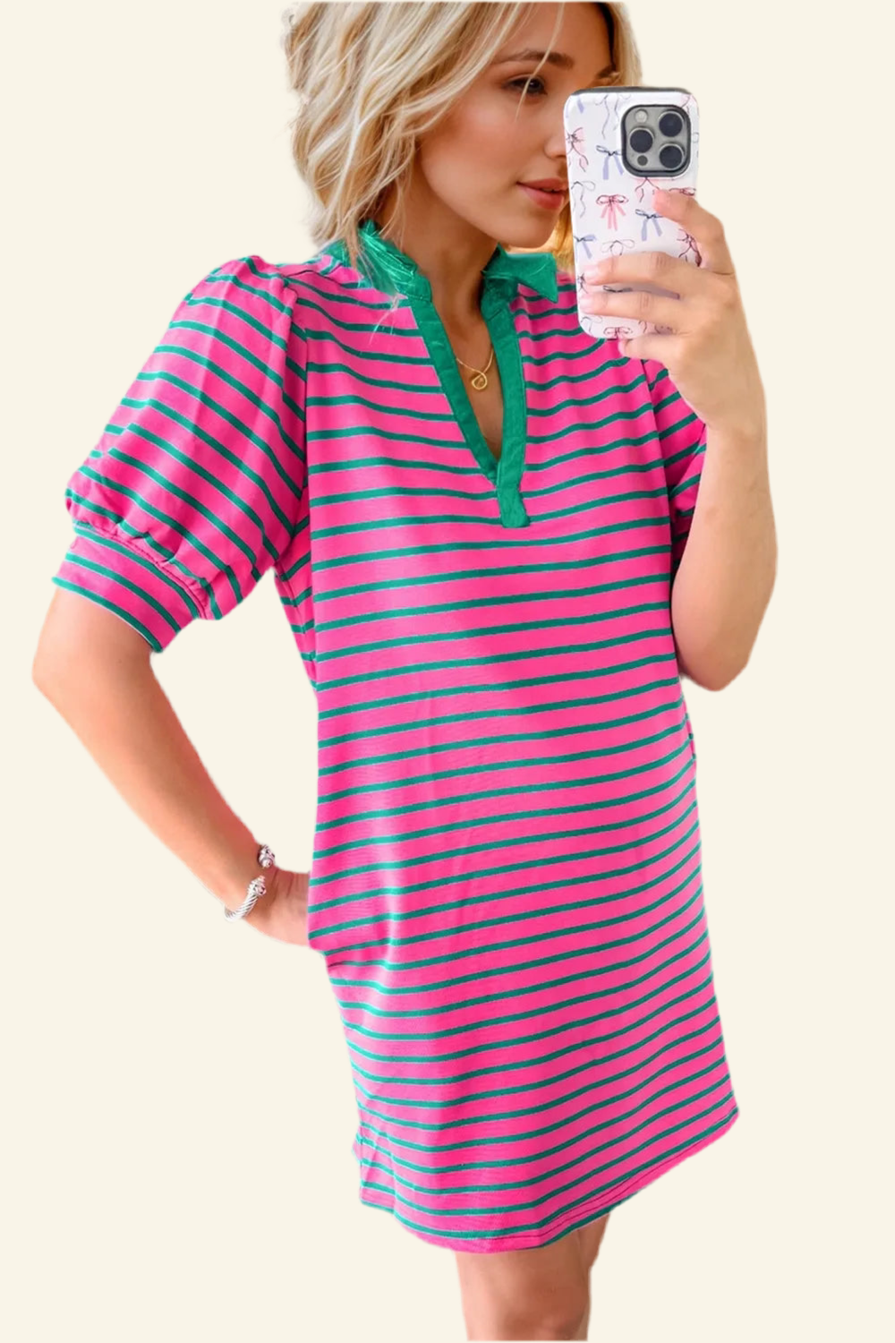 Oh Striped Johnny Collar Puff Sleeve Mini Tee Dress