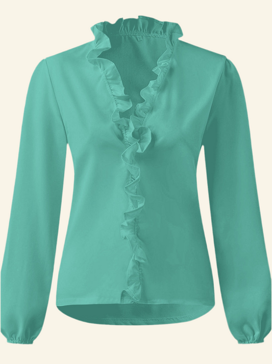 Full Size Ruffled V-Neck Long Sleeve Blouse