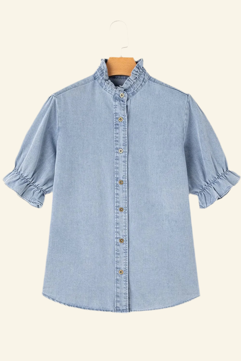 Ruffle Short Puff Sleeve Button Down Denim Shirt