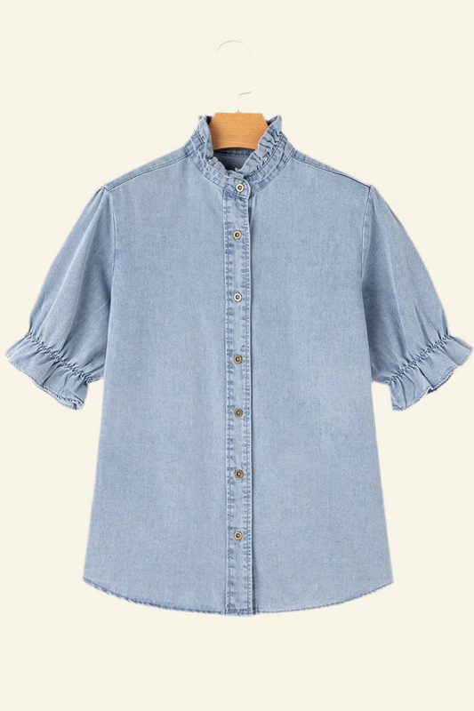 Ruffle Short Puff Sleeve Button Down Denim Shirt