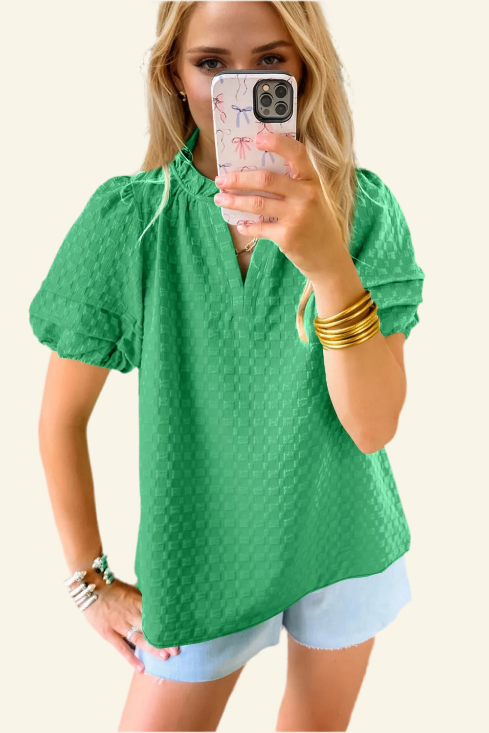 Oh Full Size Frill Notched Puff Sleeve Blouse