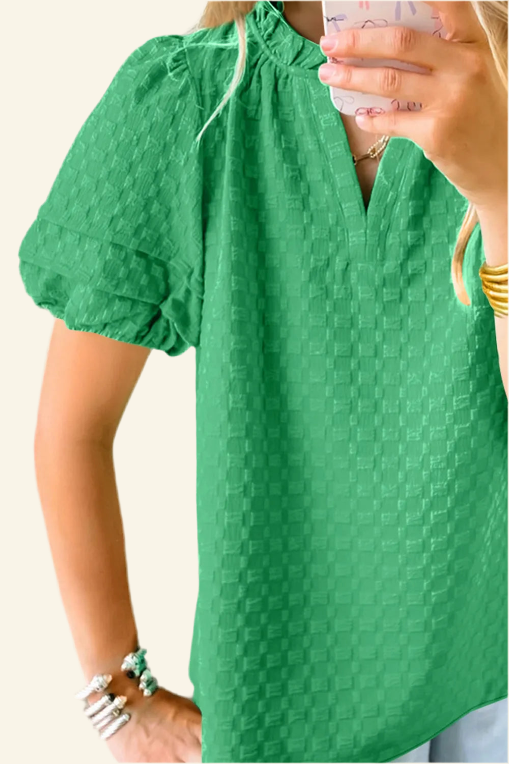 Oh Full Size Frill Notched Puff Sleeve Blouse
